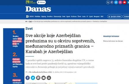 Serbiya mətbuatı: “Qarabağ Azərbaycandır”