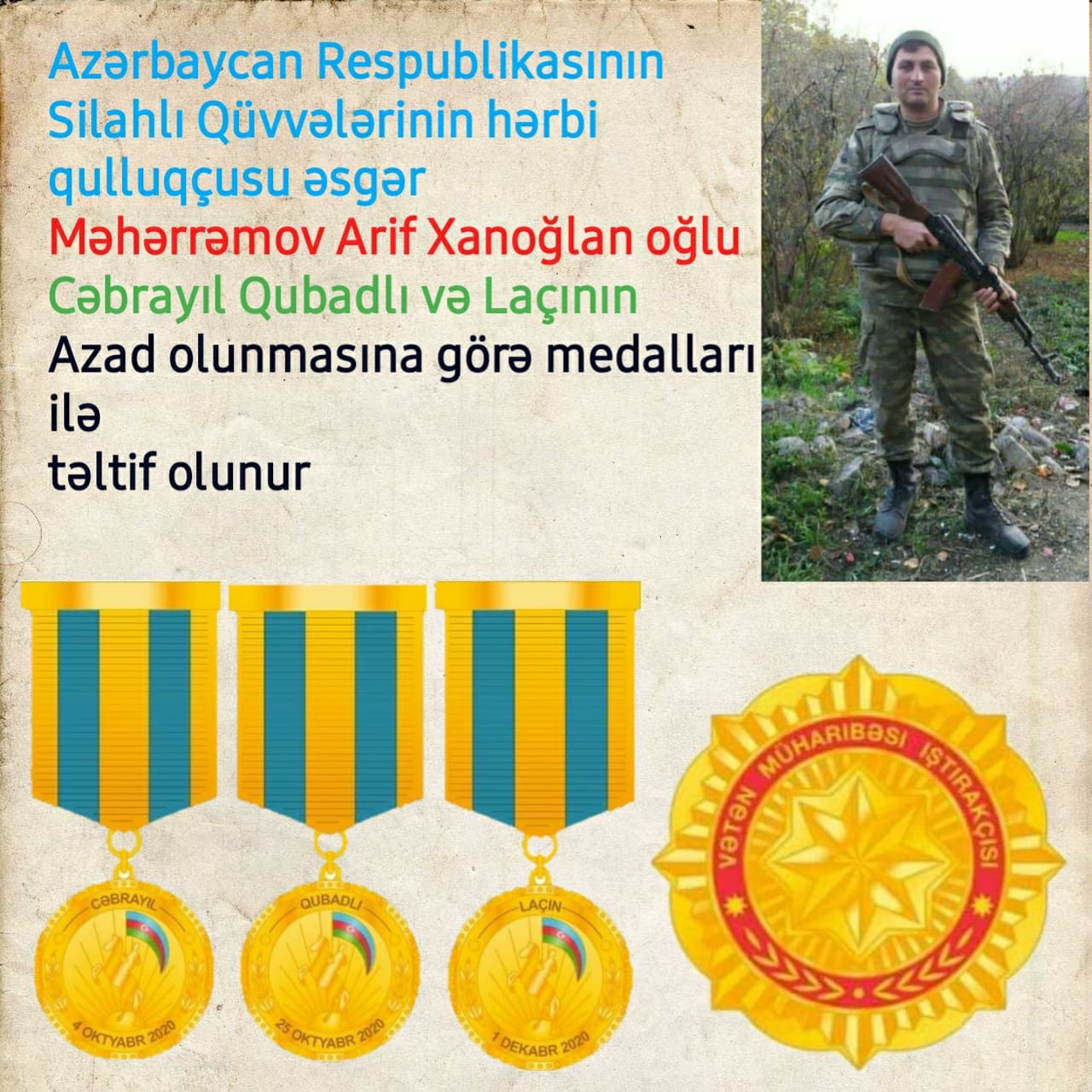 Qarabağ savaşının igid əskəri Arif Məhərrəmov haqqında …